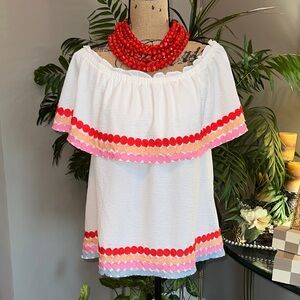 Entro Off-Shoulder Blouse with Red and Pink Accents